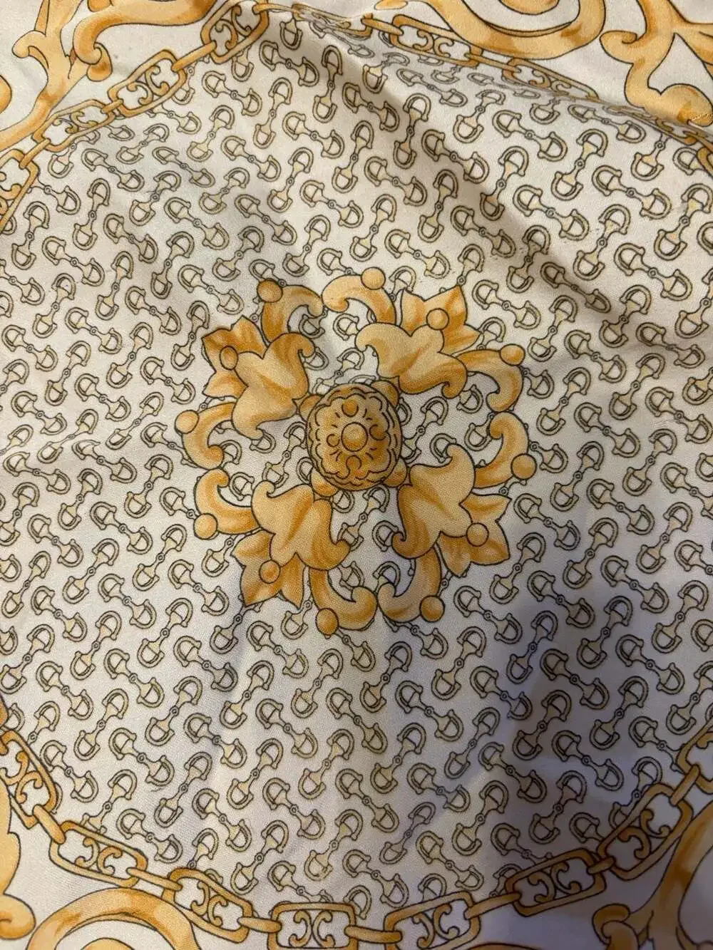 Vintage Luxury Style Square Silk Scarf Gold Chain Equestrian Motif